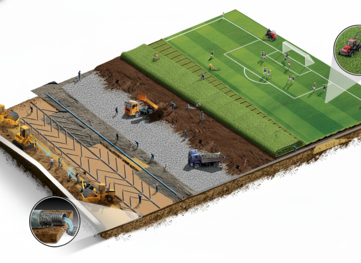 Ilustración 3D del proceso de construcción del campo con sistema de drenaje